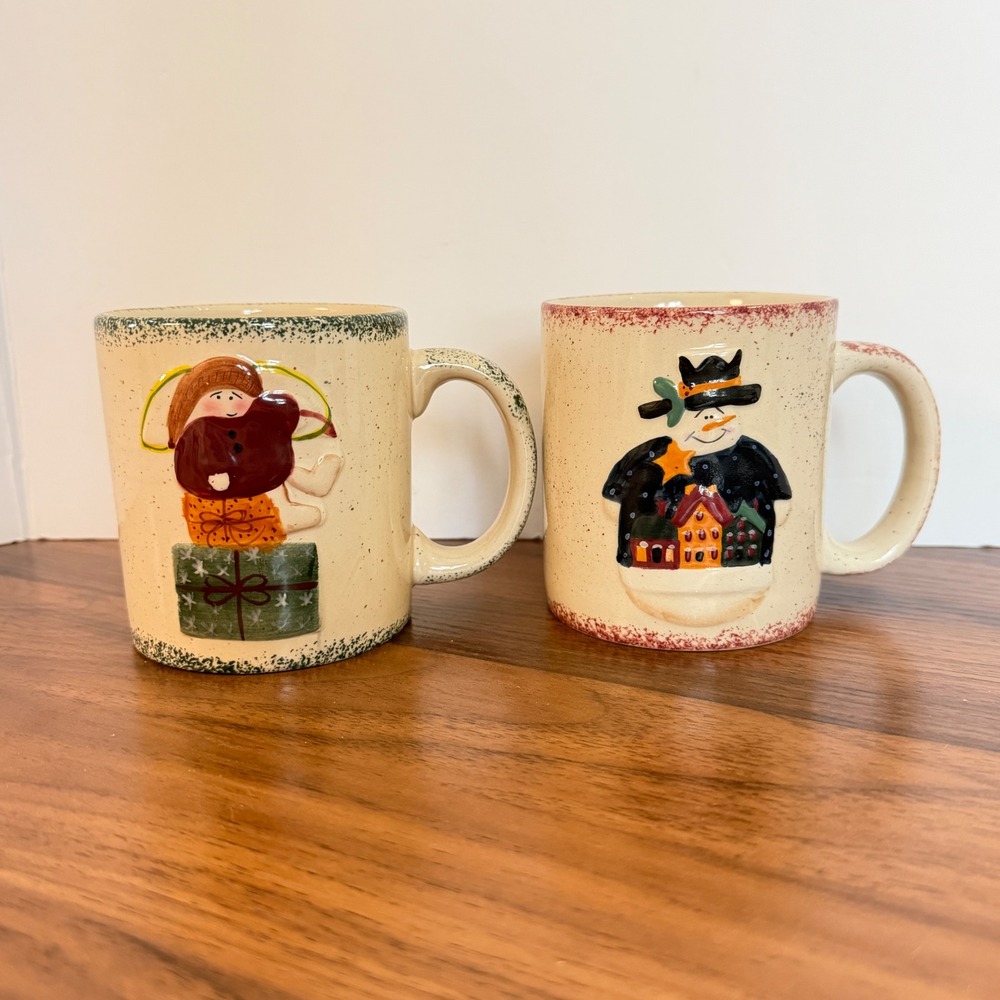 LTD Commodities Christmas Coffee Mug Set Snowman Girl Angel Embossed 2pc